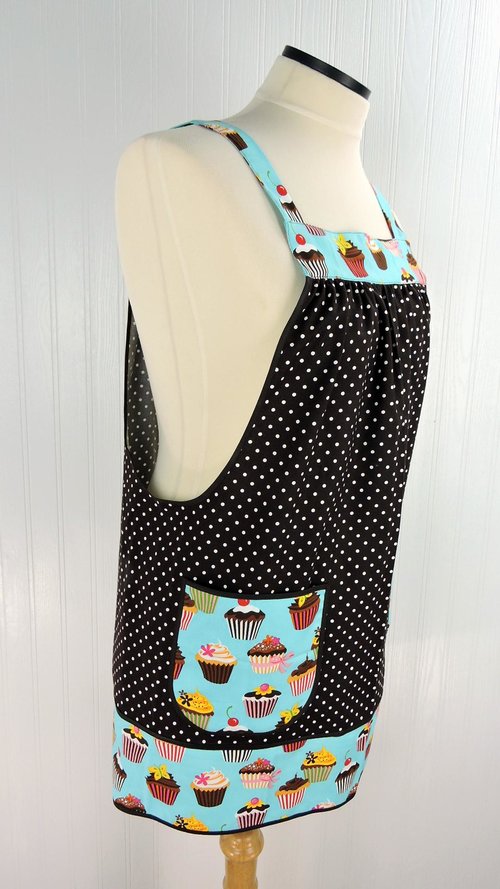 Espresso & Cupcakes Pinafore with no ties (straps go straight over shoulders) relaxed fit smock with pockets, fits L/XL/2X, ready to ship