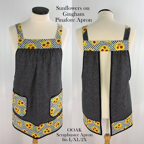 Sunflowers on Gingham Pinafore with no ties (straps go straight over shoulders) relaxed fit smock with pockets, fits L/XL/2X, ready to ship