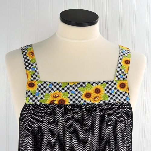 Sunflowers on Gingham Pinafore with no ties (straps go straight over shoulders) relaxed fit smock with pockets, fits L/XL/2X, ready to ship