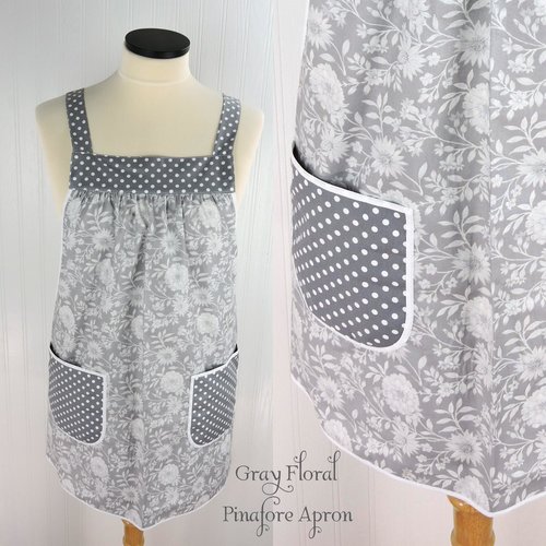 Gray Floral Pinafore with no ties (straps go straight over shoulders) relaxed fit smock with pockets, fits L/XL/2X, ready to ship