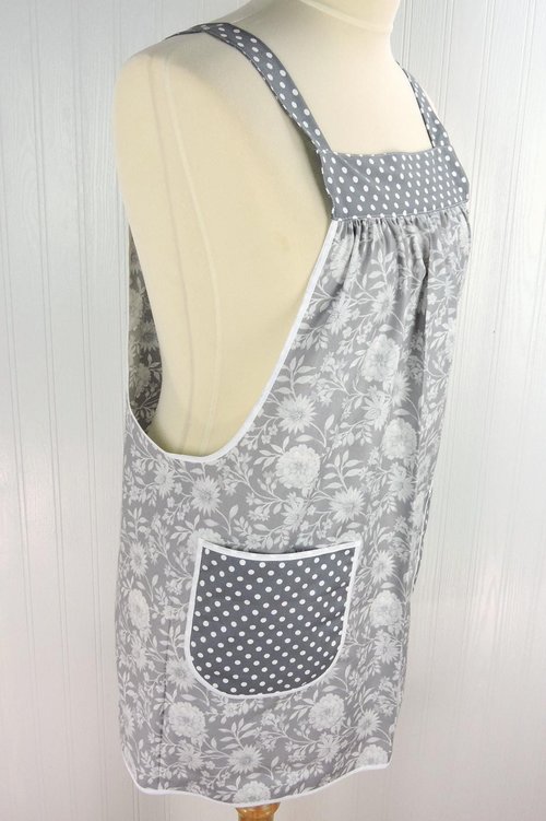 Gray Floral Pinafore with no ties (straps go straight over shoulders) relaxed fit smock with pockets, fits L/XL/2X, ready to ship