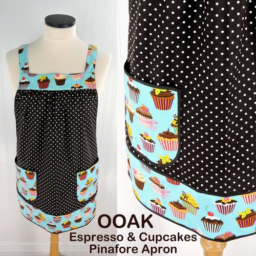 Espresso & Cupcakes Pinafore with no ties (straps go straight over shoulders) relaxed fit smock with pockets, fits L/XL/2X, ready to ship