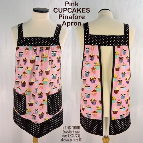 Pink Cupcakes Pinafore with no ties (straps go straight over shoulders) relaxed fit smock with pockets, fits L/XL/2X, ready to ship