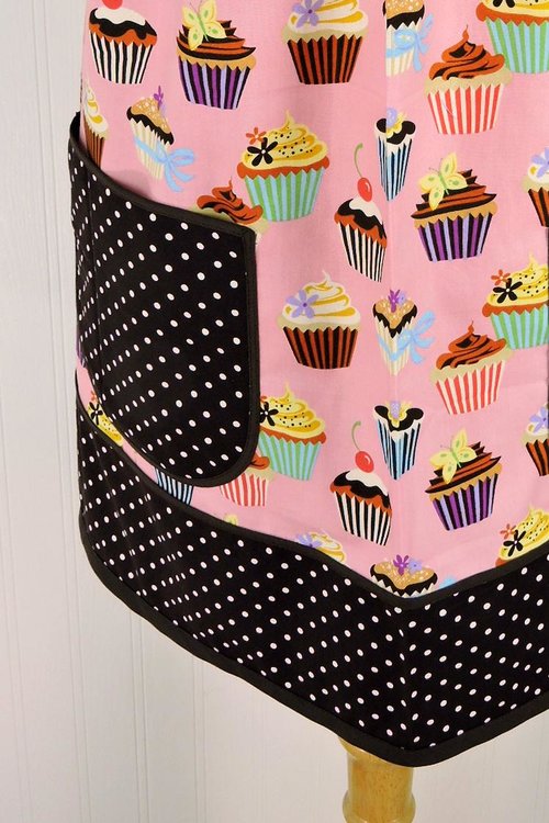 Pink Cupcakes Pinafore with no ties (straps go straight over shoulders) relaxed fit smock with pockets, fits L/XL/2X, ready to ship