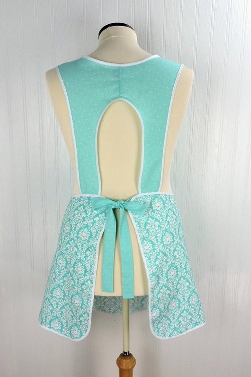 Aqua Petite Damask Retro 50s Smock Apron, relaxed fit "H-back" doesn't touch neck, no pockets, LAST ONE is ready to ship (fits L/XL)