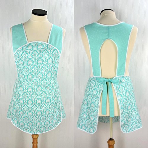 Aqua Petite Damask Retro 50s Smock Apron, relaxed fit "H-back" doesn't touch neck, no pockets, LAST ONE is ready to ship (fits L/XL)