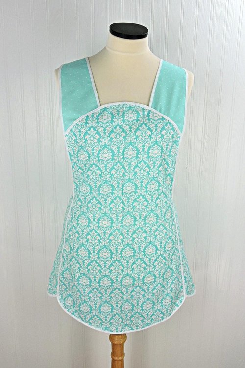 Aqua Petite Damask Retro 50s Smock Apron, relaxed fit "H-back" doesn't touch neck, no pockets, LAST ONE is ready to ship (fits L/XL)