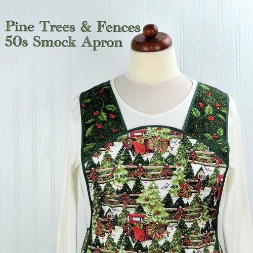 XS-4X Retro 50s Christmas Smock, Pine Trees and Fences with old Red Trucks, relaxed fit H-back apron, made to order with pocket options