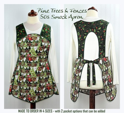 XS-4X Retro 50s Christmas Smock, Pine Trees and Fences with old Red Trucks, relaxed fit H-back apron, made to order with pocket options