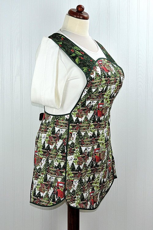 XS-4X Retro 50s Christmas Smock, Pine Trees and Fences with old Red Trucks, relaxed fit H-back apron, made to order with pocket options