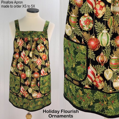 XS- 5X Holiday Flourish Ornaments Pinafore with no ties (straps go straight over the shoulders) relaxed fit smock with pockets made to order