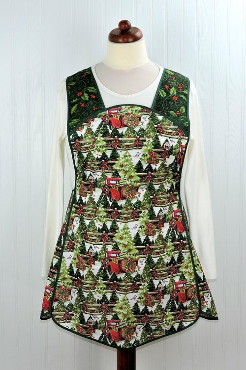 XS-4X Retro 50s Christmas Smock, Pine Trees and Fences with old Red Trucks, relaxed fit H-back apron, made to order with pocket options