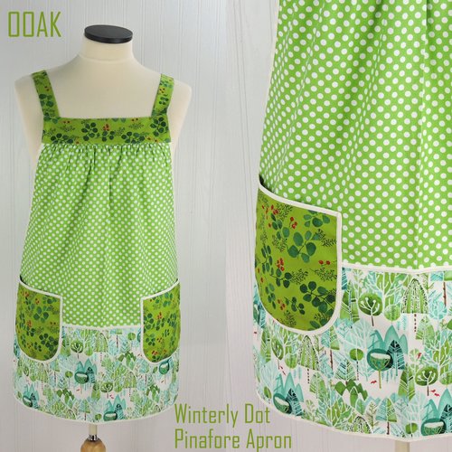 Winterly Dot Pinafore Apron with no ties (straps go straight over the shoulders) relaxed fit smock with pockets, fits L/XL/2X ready to ship