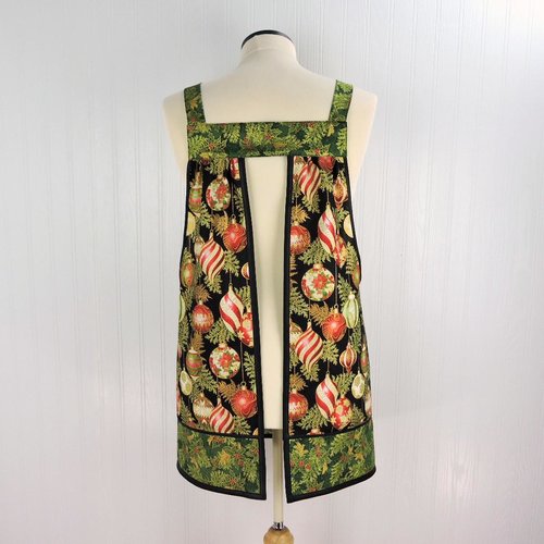 XS- 5X Holiday Flourish Ornaments Pinafore with no ties (straps go straight over the shoulders) relaxed fit smock with pockets made to order