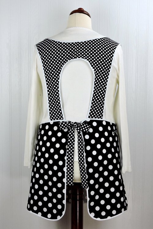 Black and White Polka Dot Retro 50s Smock Apron, relaxed fit "H-back" doesn't touch neck, made to order from XS to 4X  with pocket options