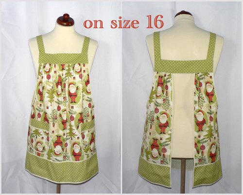 Woodland Christmas Pinafore with no ties, relaxed fit smock with pockets, holiday baking apron, Santa and owls, LAST ONE
