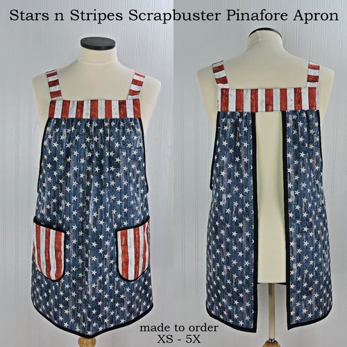 Stars and Stripes Scrapbuster Pinafore with no ties (straps go straight over the shoulders) patriotic flag smock apron with pockets, XS - 5X