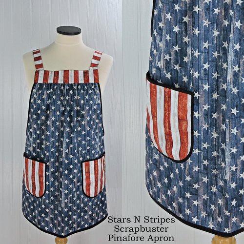 Stars and Stripes Scrapbuster Pinafore with no ties (straps go straight over the shoulders) patriotic flag smock apron with pockets, XS - 5X