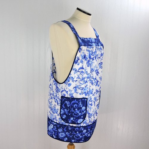 Blue & White Porcelain Rose Pinafore with Pockets | Handmade Smock Apron | Cottagecore Apron | Women's Pullover Apron | Made to Order XS-5X