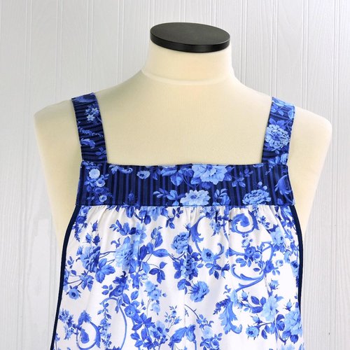 Blue & White Porcelain Rose Pinafore with Pockets | Handmade Smock Apron | Cottagecore Apron | Women's Pullover Apron | Made to Order XS-5X