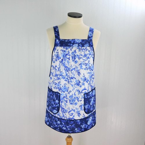 Blue & White Porcelain Rose Pinafore with Pockets | Handmade Smock Apron | Cottagecore Apron | Women's Pullover Apron | Made to Order XS-5X