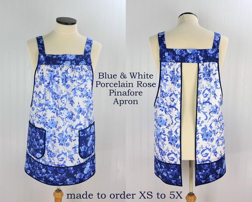 Blue & White Porcelain Rose Pinafore with Pockets | Handmade Smock Apron | Cottagecore Apron | Women's Pullover Apron | Made to Order XS-5X
