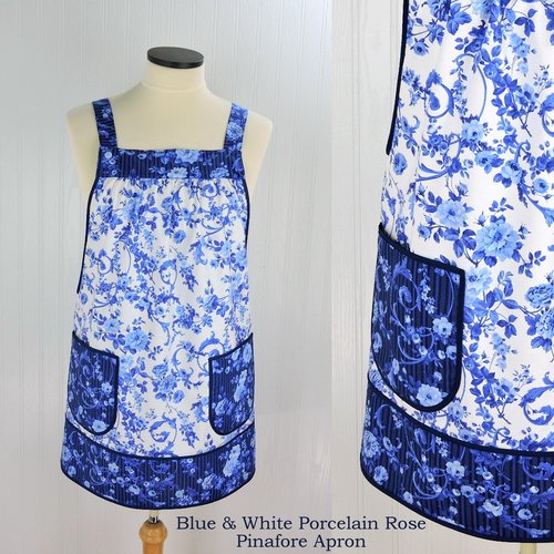 Blue & White Porcelain Rose Pinafore with Pockets | Handmade Smock Apron | Cottagecore Apron | Women's Pullover Apron | Made to Order XS-5X