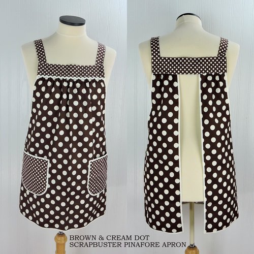 Brown & Cream Dot SCRAPBUSTER Pinafore with no ties (straps go straight over the shoulders) relaxed fit smock with pockets, ready to ship