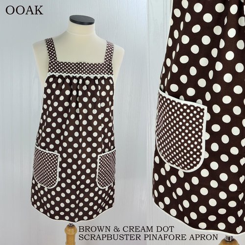 Brown & Cream Dot SCRAPBUSTER Pinafore with no ties (straps go straight over the shoulders) relaxed fit smock with pockets, ready to ship