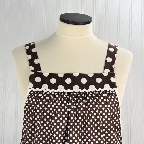 Brown & Cream SCRAPBUSTER Pinafore with no ties (straps go straight over the shoulders) relaxed fit smock with pockets, ready to ship