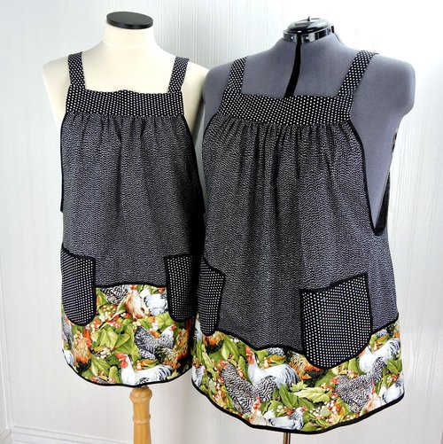 Roosters SCRAPBUSTER Pinafore Apron with no ties, relaxed fit smock with pockets, farmhouse kitchen apron, ready to ship, fits L/XL/2X