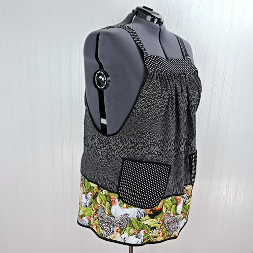 Larger Rooster SCRAPBUSTER Pinafore Apron with no ties, relaxed fit smock with pockets, farmhouse kitchen apron, ready to ship fits 3X/4X/5X