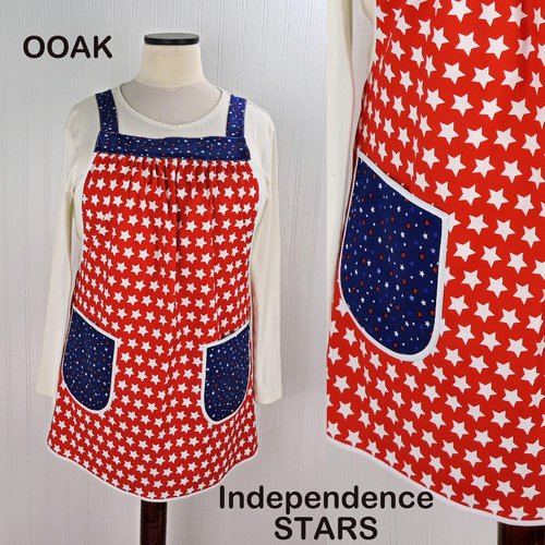 Independence Stars Pinafore with no ties (straps go straight over the shoulders) relaxed fit smock with pockets fits L/XL/2X, ready to ship