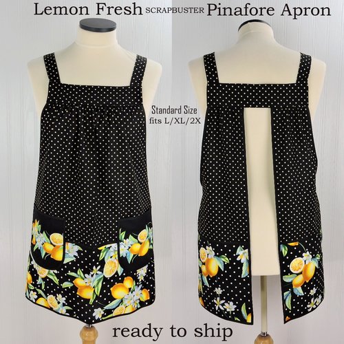 Lemon Fresh Scrapbuster Pinafore Apron with no ties (straps go straight over the shoulders) relaxed fit smock fits L/XL/2X, ready to ship