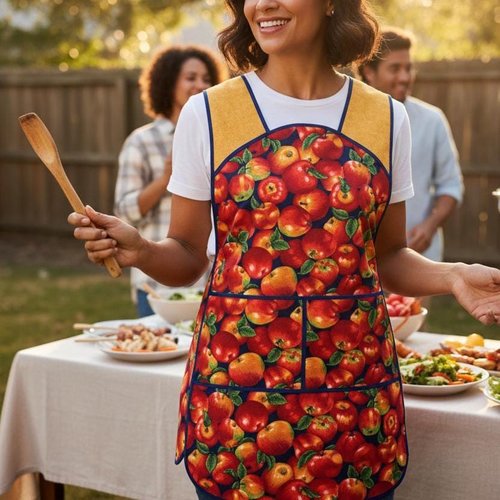 Apple Harvest 50s Smock Apron with kangaroo pocket, relaxed fit with no neck ties (H-back apron) fits sizes large or X-large SHIPS FAST