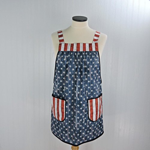 Stars and Stripes Scrapbuster Pinafore with no ties (straps go straight over the shoulders) patriotic flag smock apron with pockets, XS - 5X