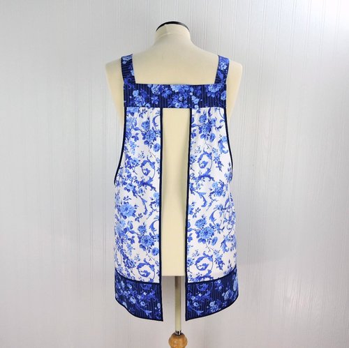 Blue & White Porcelain Rose Pinafore with Pockets | Handmade Smock Apron | Cottagecore Apron | Women's Pullover Apron | Made to Order XS-5X