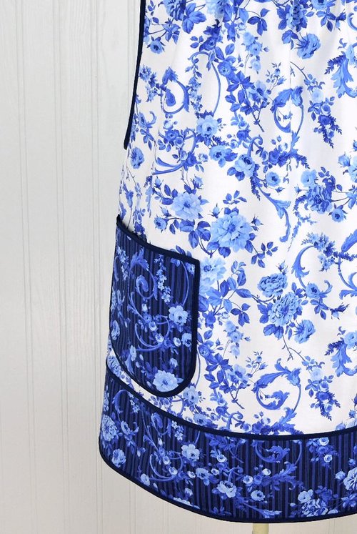 Blue & White Porcelain Rose Pinafore with Pockets | Handmade Smock Apron | Cottagecore Apron | Women's Pullover Apron | Made to Order XS-5X