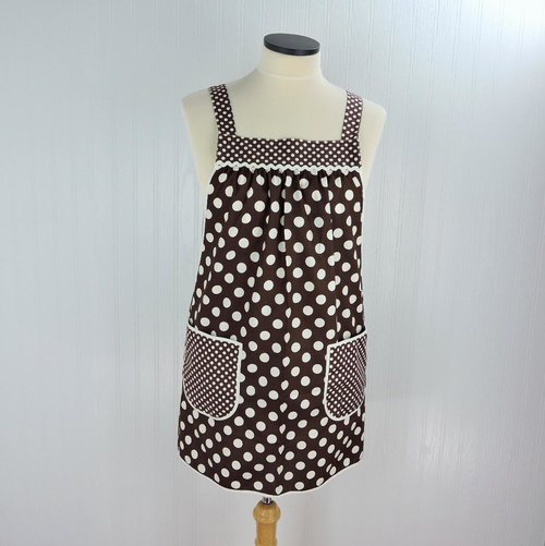 Brown & Cream Dot SCRAPBUSTER Pinafore with no ties (straps go straight over the shoulders) relaxed fit smock with pockets, ready to ship