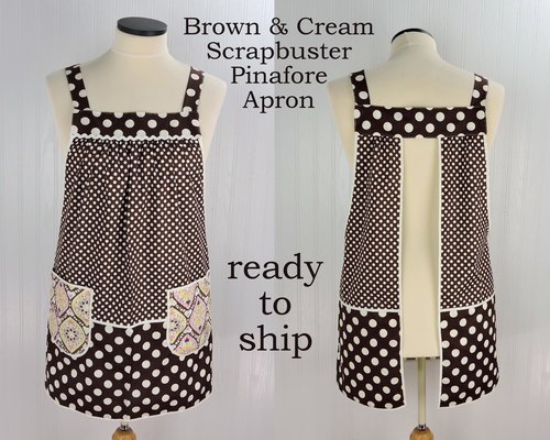Brown & Cream SCRAPBUSTER Pinafore with no ties (straps go straight over the shoulders) relaxed fit smock with pockets, ready to ship