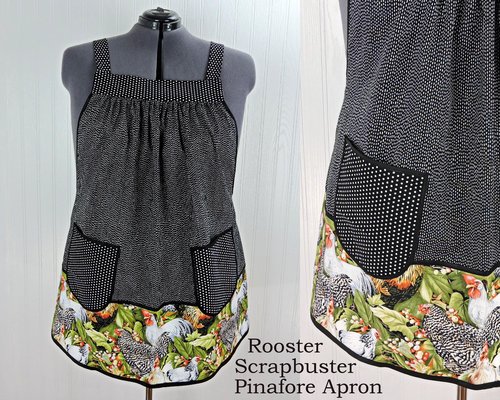 Larger Rooster SCRAPBUSTER Pinafore Apron with no ties, relaxed fit smock with pockets, farmhouse kitchen apron, ready to ship fits 3X/4X/5X