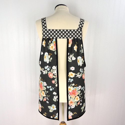 Charcoal Gingham Gardens Pinafore with no ties (straps go straight over the shoulders) relaxed fit smock with pockets, ready to ship L/XL/2X