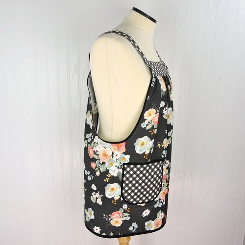 Charcoal Gingham Gardens Pinafore with no ties (straps go straight over the shoulders) relaxed fit smock with pockets, ready to ship L/XL/2X