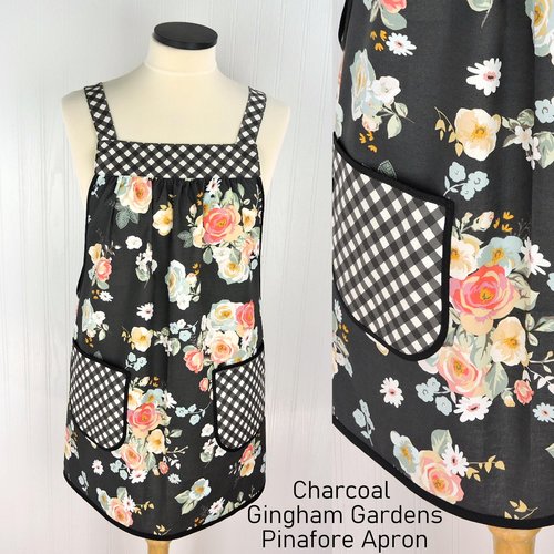 Charcoal Gingham Gardens Pinafore with no ties (straps go straight over the shoulders) relaxed fit smock with pockets, ready to ship L/XL/2X