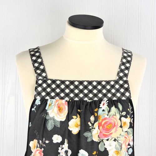 Charcoal Gingham Gardens Pinafore with no ties (straps go straight over the shoulders) relaxed fit smock with pockets, ready to ship L/XL/2X