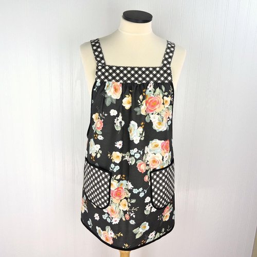 Charcoal Gingham Gardens Pinafore with no ties (straps go straight over the shoulders) relaxed fit smock with pockets, ready to ship L/XL/2X