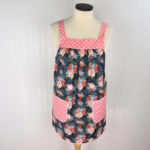 Vintage Charm Pinafore with no ties (straps go straight over the shoulders) relaxed fit smock apron with pockets L/XL/2X, ready to ship