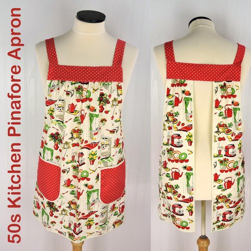 LAST 50s Kitchen Pinafore Apron with no ties (straps go straight over shoulders) relaxed fit smock apron with pockets, ready to ship L/XL/2X