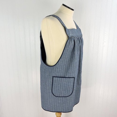 Herringbone Stripe Denim Pinafore with no ties (straps go straight over shoulders) relaxed fit apron, sturdy artist smock w/ pockets XS - 5X
