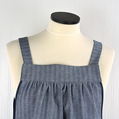 Herringbone Stripe Denim Pinafore with no ties (straps go straight over shoulders) relaxed fit apron, sturdy artist smock w/ pockets XS - 5X